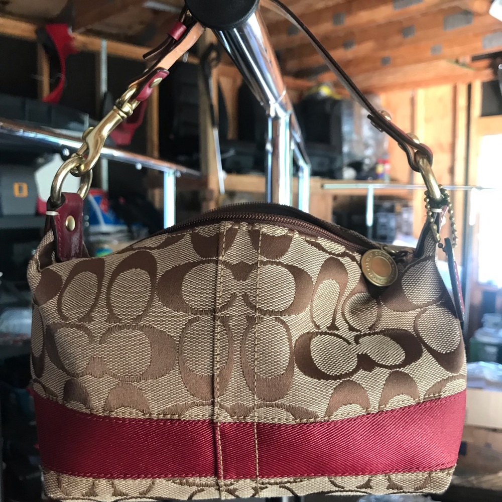 Brown and red Coach signature stripe mini purse